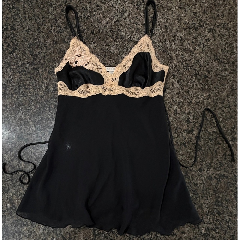 California Dynasty‎ Black Beige Lace Beaded Babydoll Chemise Lingerie Sm 5LF080
